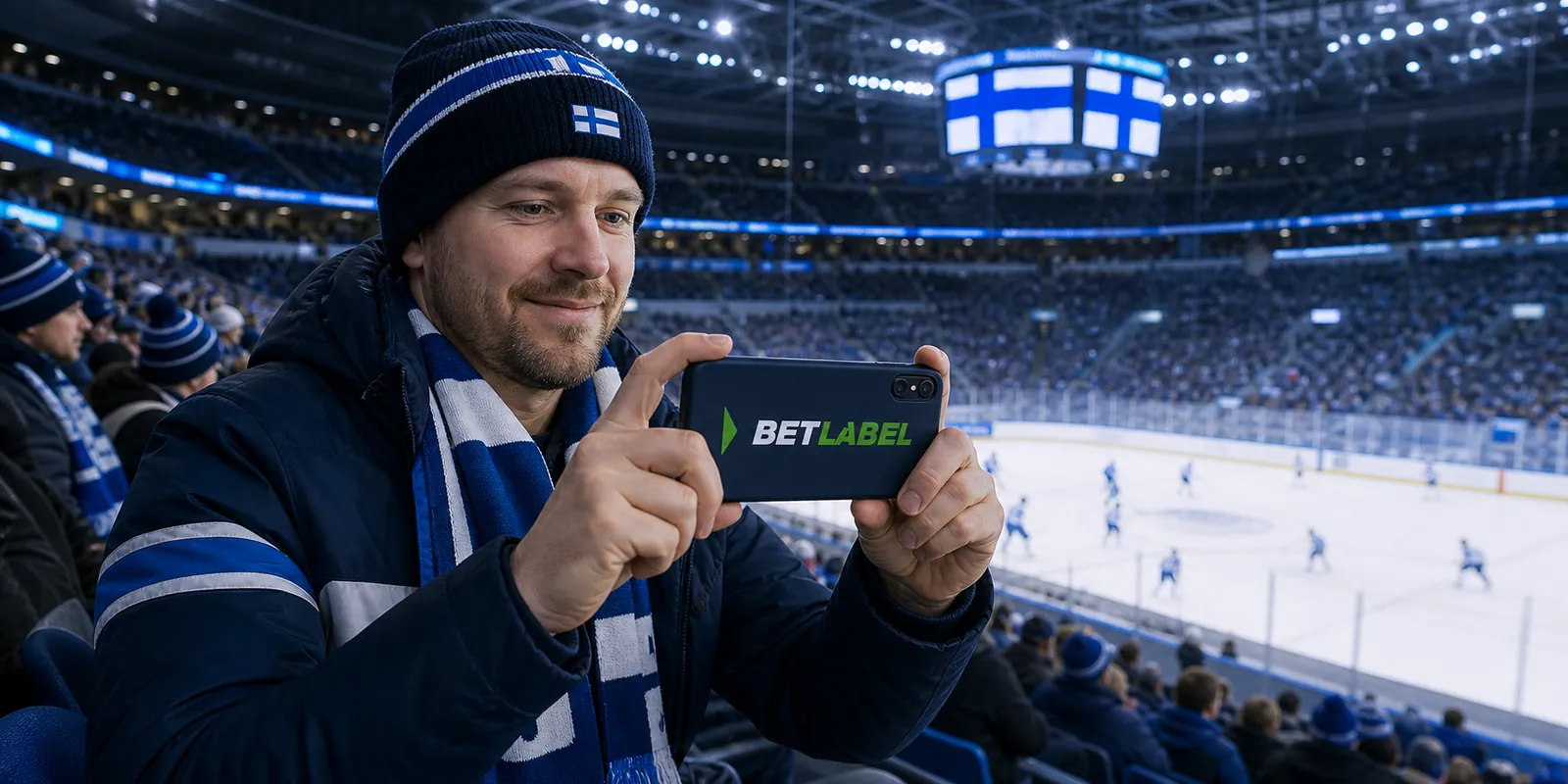 Finnish sports fan using the BetLabel app during an evening match