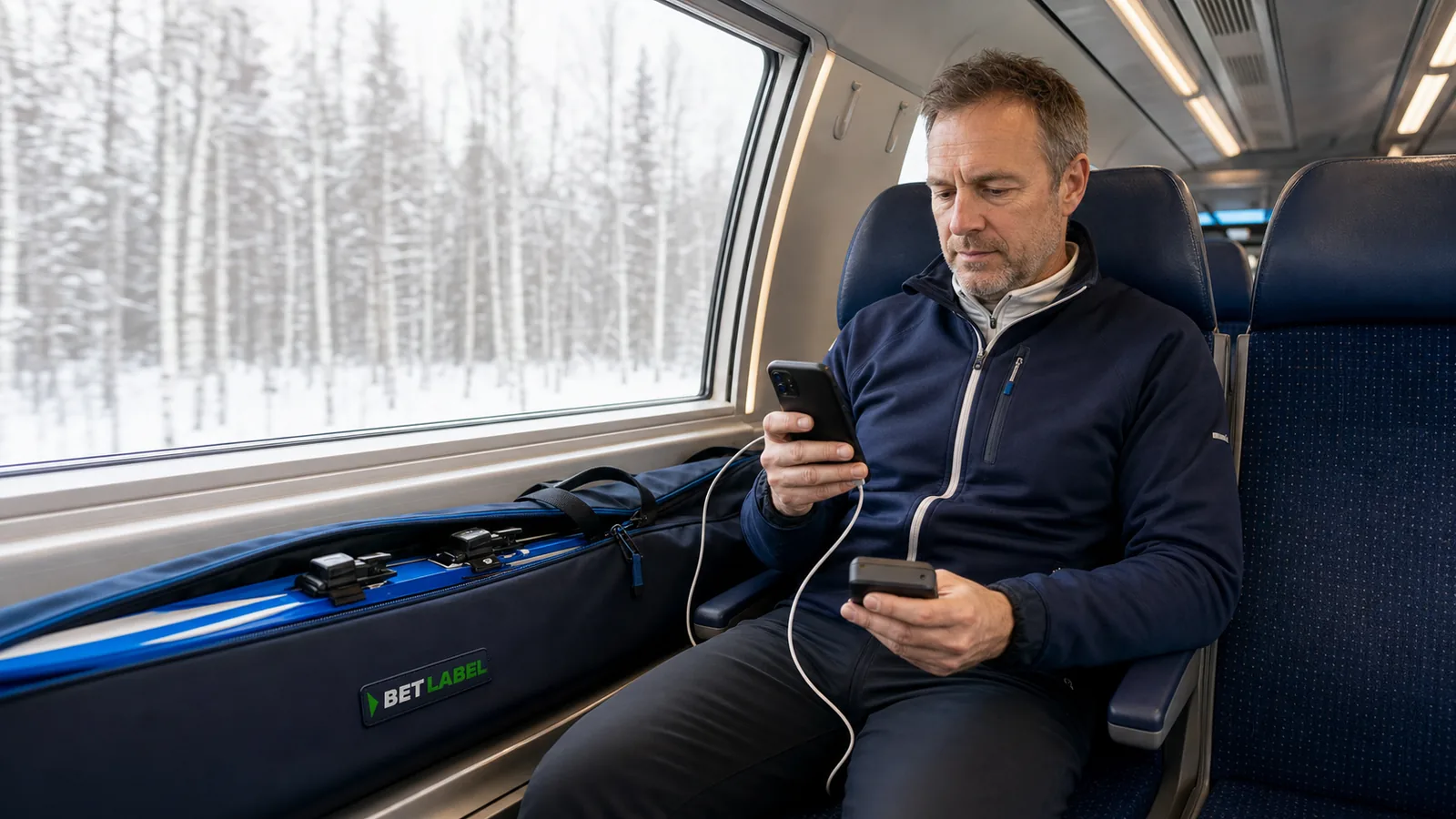 Adult commuter checking BetLabel phone requirements in Finland