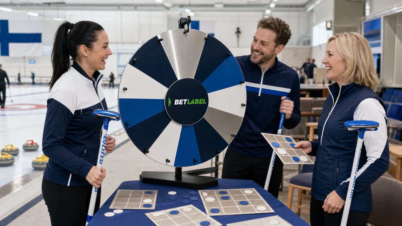A premium game-show wheel scene with Finnish blue accents