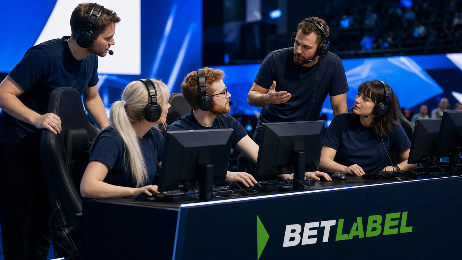 Finnish esports team competing under premium blue arena lighting