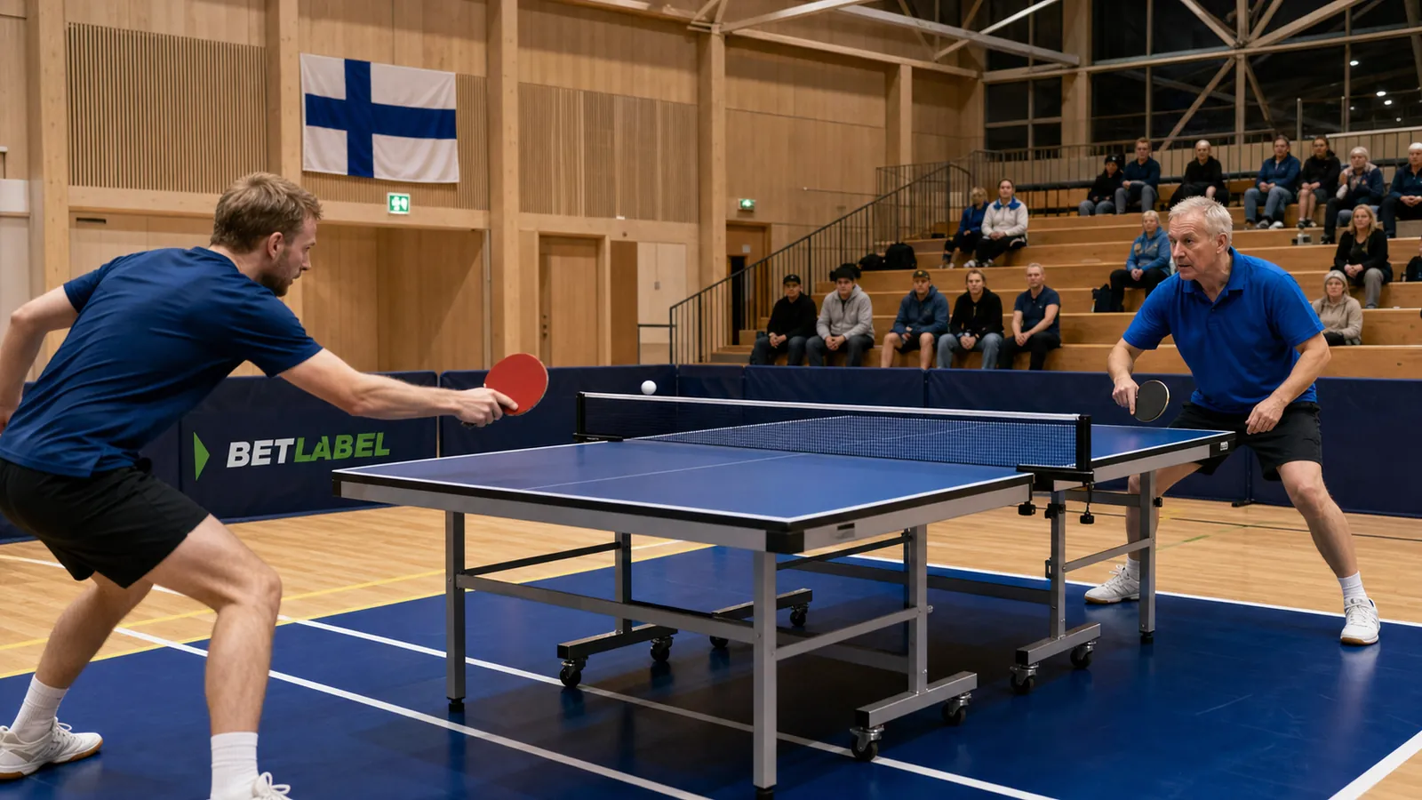 Table tennis players competing in a Finnish BetLabel sports setting