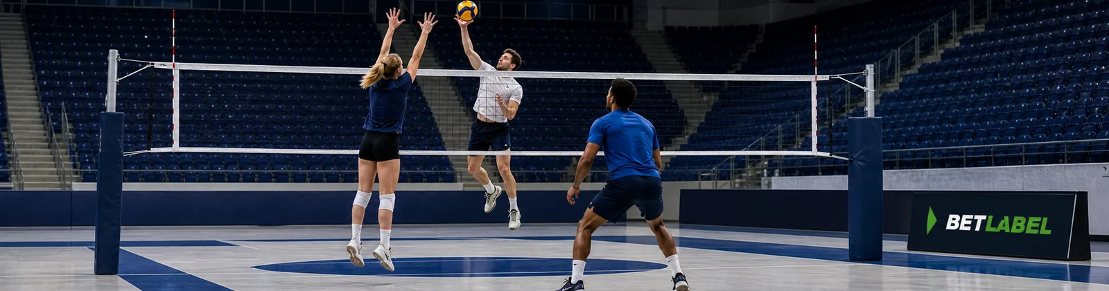 Adult volleyball players centred in a Finnish sports hall