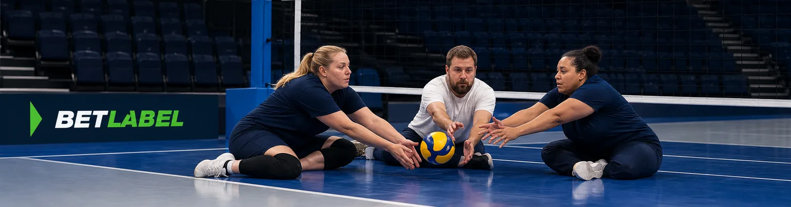 Adult volleyball players centred in a Finnish sports hall