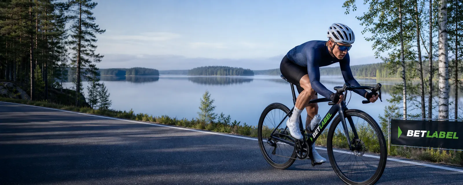 Adult cyclists racing through a Finnish landscape