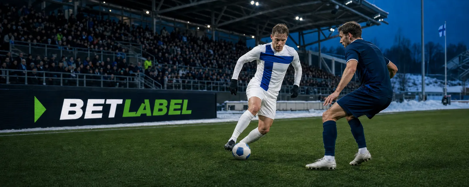 Adult football players in a Finnish night stadium