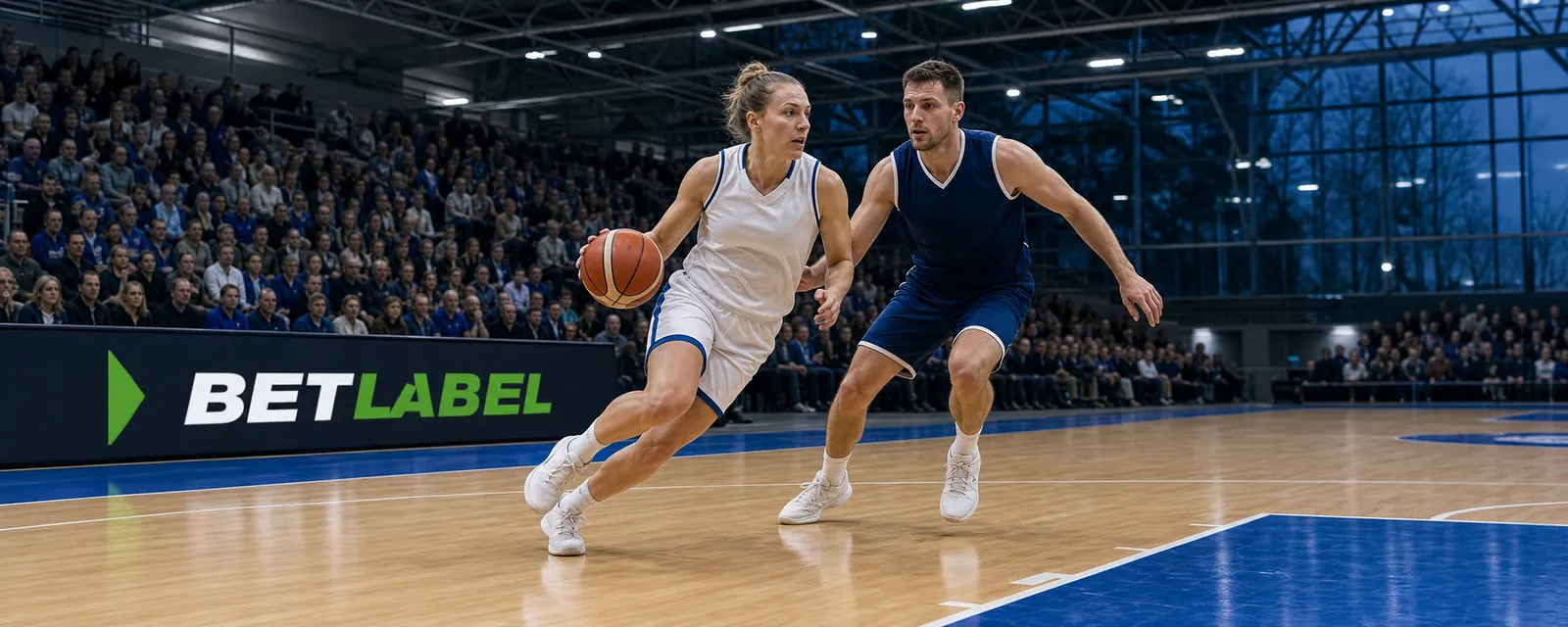 Adult basketball players in a Finnish game